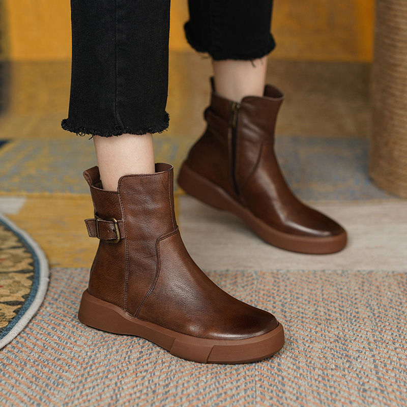 Vintage Shoes Women Ankle Boots With Buckle Side Zipper