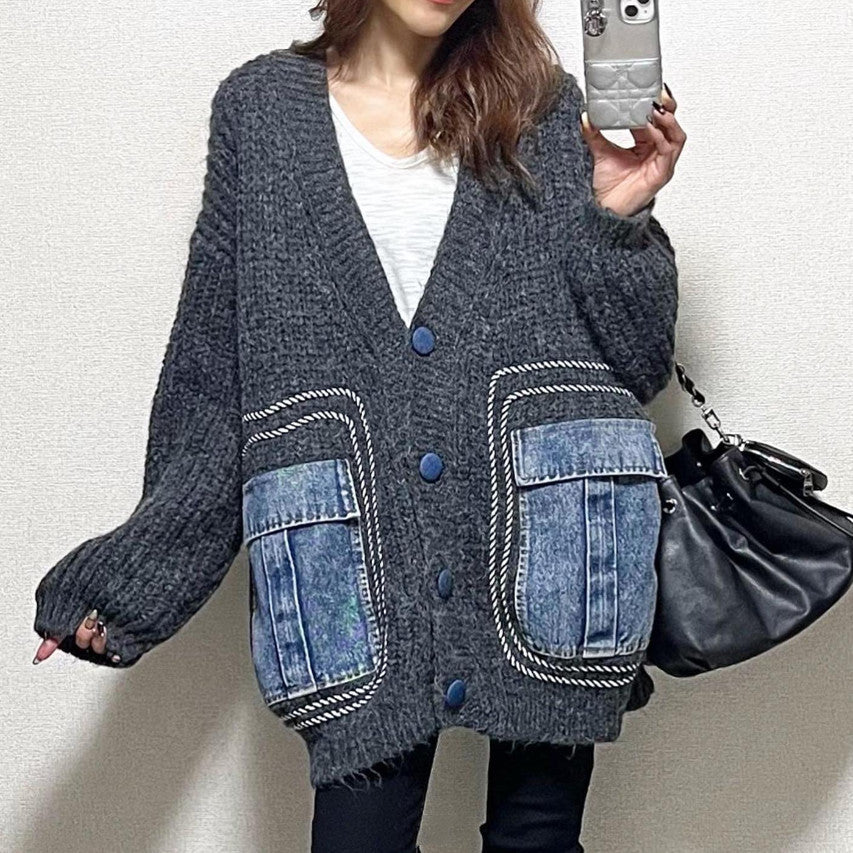Women's Patchwork Denim Thick Sweater Coat