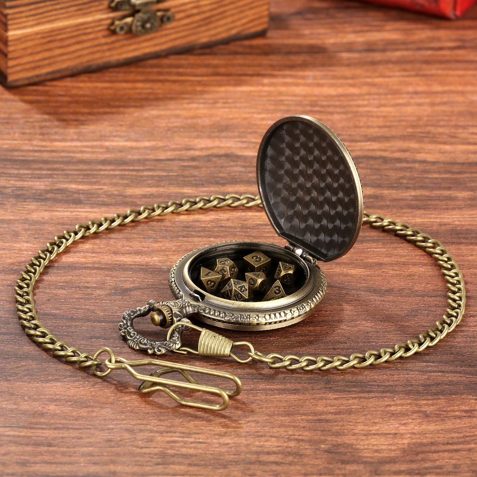 Creative Thick Chain Pocket Watch Set, Equipped With 7 Mini DND Game Polyhedral Metal Dice Tabletop Role-playing Game Dice, Enhancing RPG Gaming Experience And Providing Players With Unique Gifts