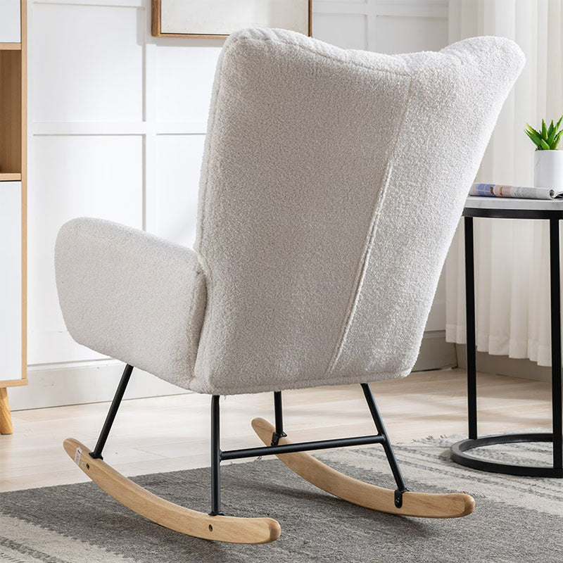 Rocking Chair With Pocket, Soft Teddy Fabric Rocking Chair For Nursery, Comfy Wingback Golider Rocking Chair With Safe Solid Wood Base For Living Room Bedroom Balcony