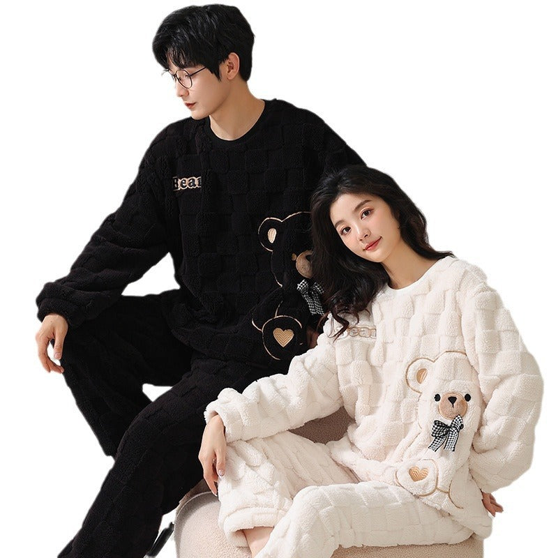 Winter Flannel Pyjamas Female Couple Thermal Cover Cute Student Men's Casual Cartoon Homewear Set Velvet