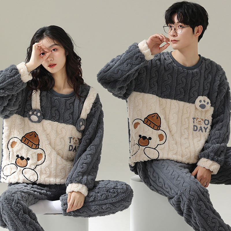 Winter Flannel Pyjamas Female Couple Thermal Cover Cute Student Men's Casual Cartoon Homewear Set Velvet