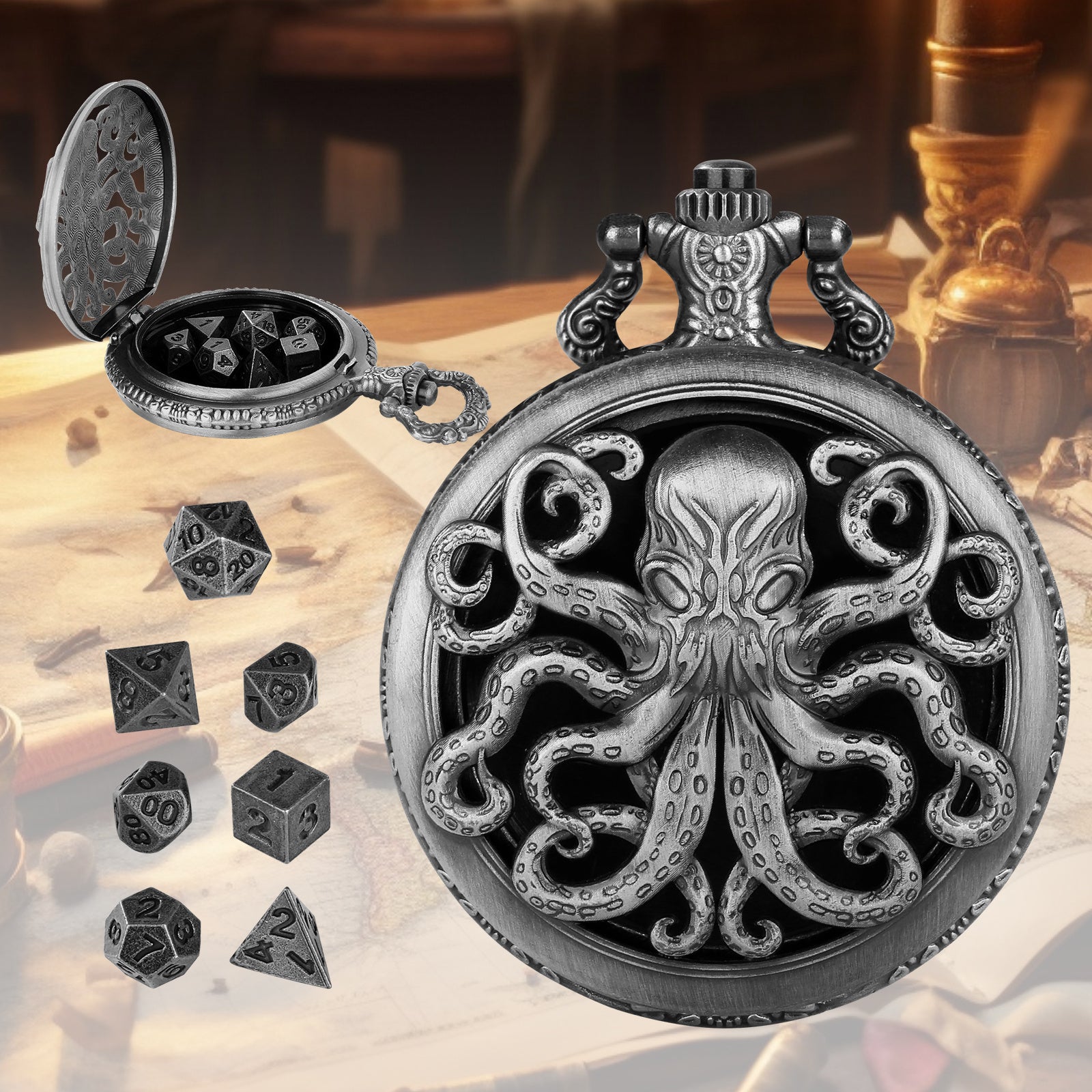 Thick Chain Octopus Symmetrical Pocket Watch Dice Set, Equipped With 7 Mini DND Dice Game Polyhedral Metal Dice, Desktop Role-playing Game Dice Accessories Gift