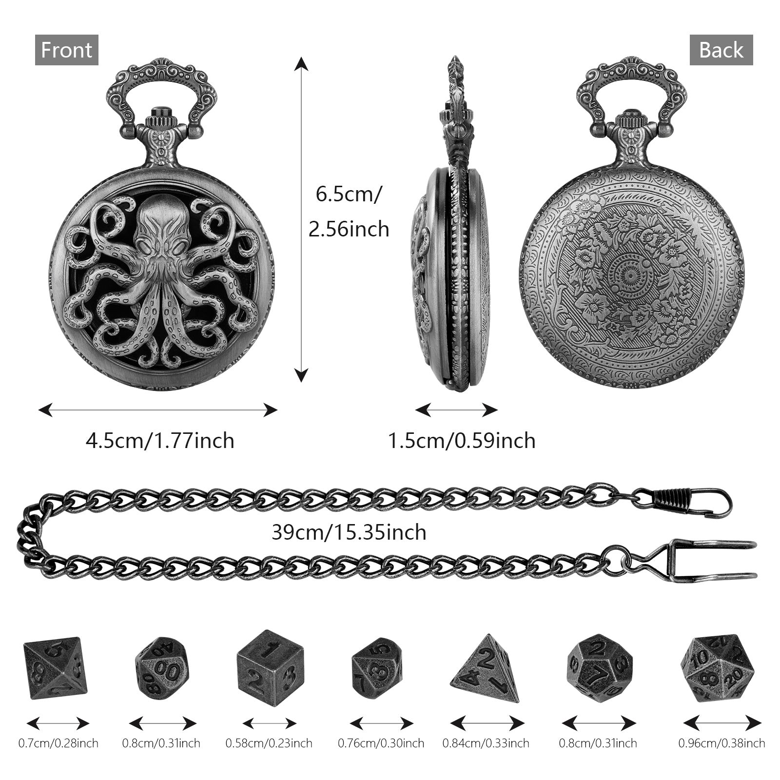 Thick Chain Octopus Symmetrical Pocket Watch Dice Set, Equipped With 7 Mini DND Dice Game Polyhedral Metal Dice, Desktop Role-playing Game Dice Accessories Gift
