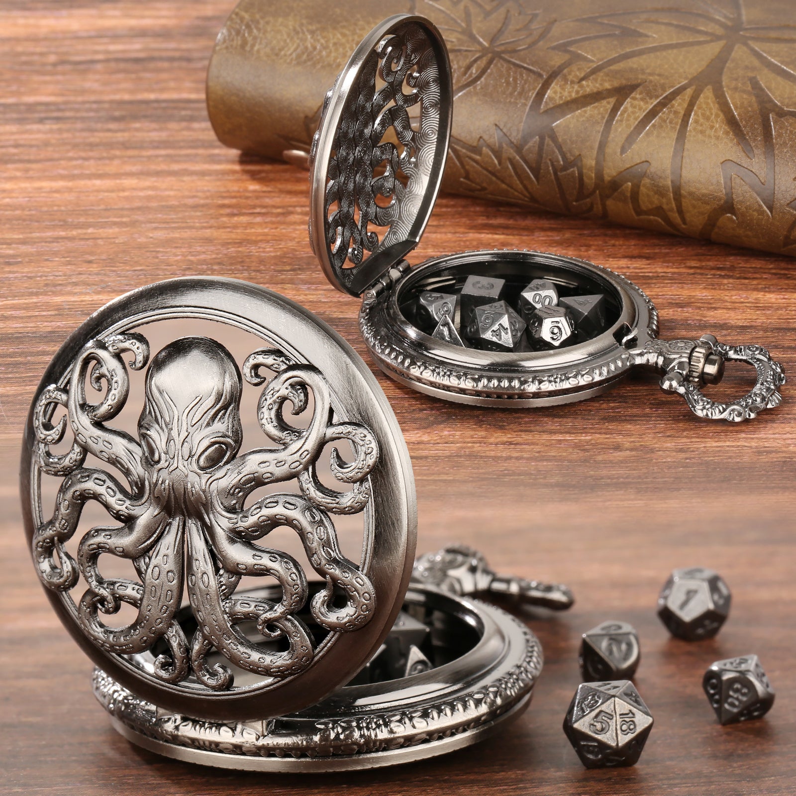 Thick Chain Octopus Symmetrical Pocket Watch Dice Set, Equipped With 7 Mini DND Dice Game Polyhedral Metal Dice, Desktop Role-playing Game Dice Accessories Gift