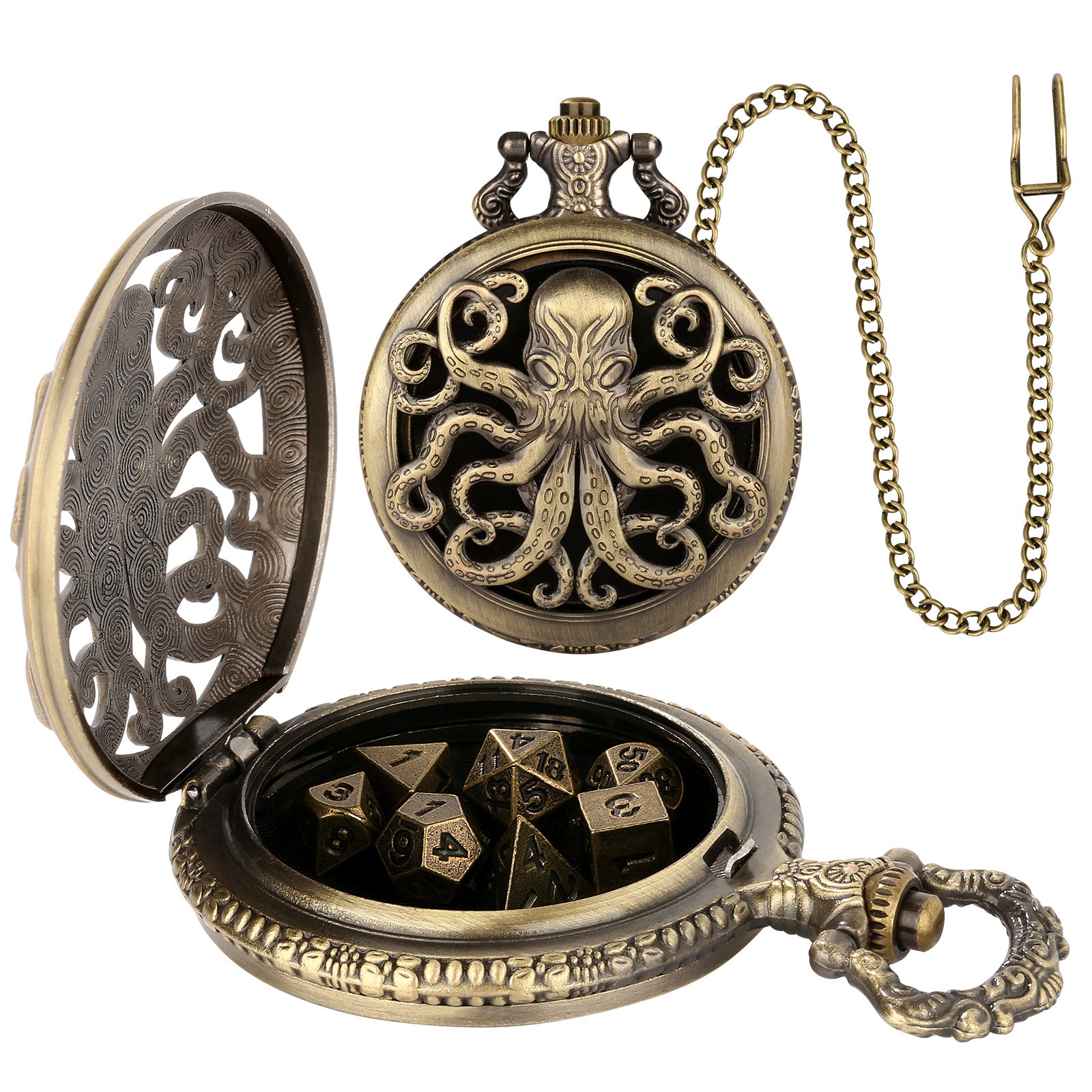 Thick Chain Octopus Symmetrical Pocket Watch Dice Set, Equipped With 7 Mini DND Dice Game Polyhedral Metal Dice, Desktop Role-playing Game Dice Accessories Gift