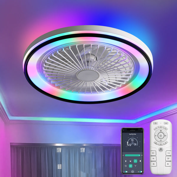 19 Inch RGB Dimmable LED Enclosed Ceiling Fan With Embedded Bladeless 6-speed Remote Control, Suitable For Bedroom Parties