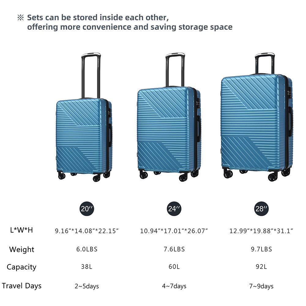3-Piece Lightweight Hard-shell Luggage Set with Double Spinner Wheels and TSA Lock - Blue