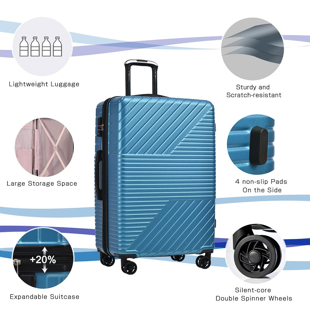 3-Piece Lightweight Hard-shell Luggage Set with Double Spinner Wheels and TSA Lock - Blue