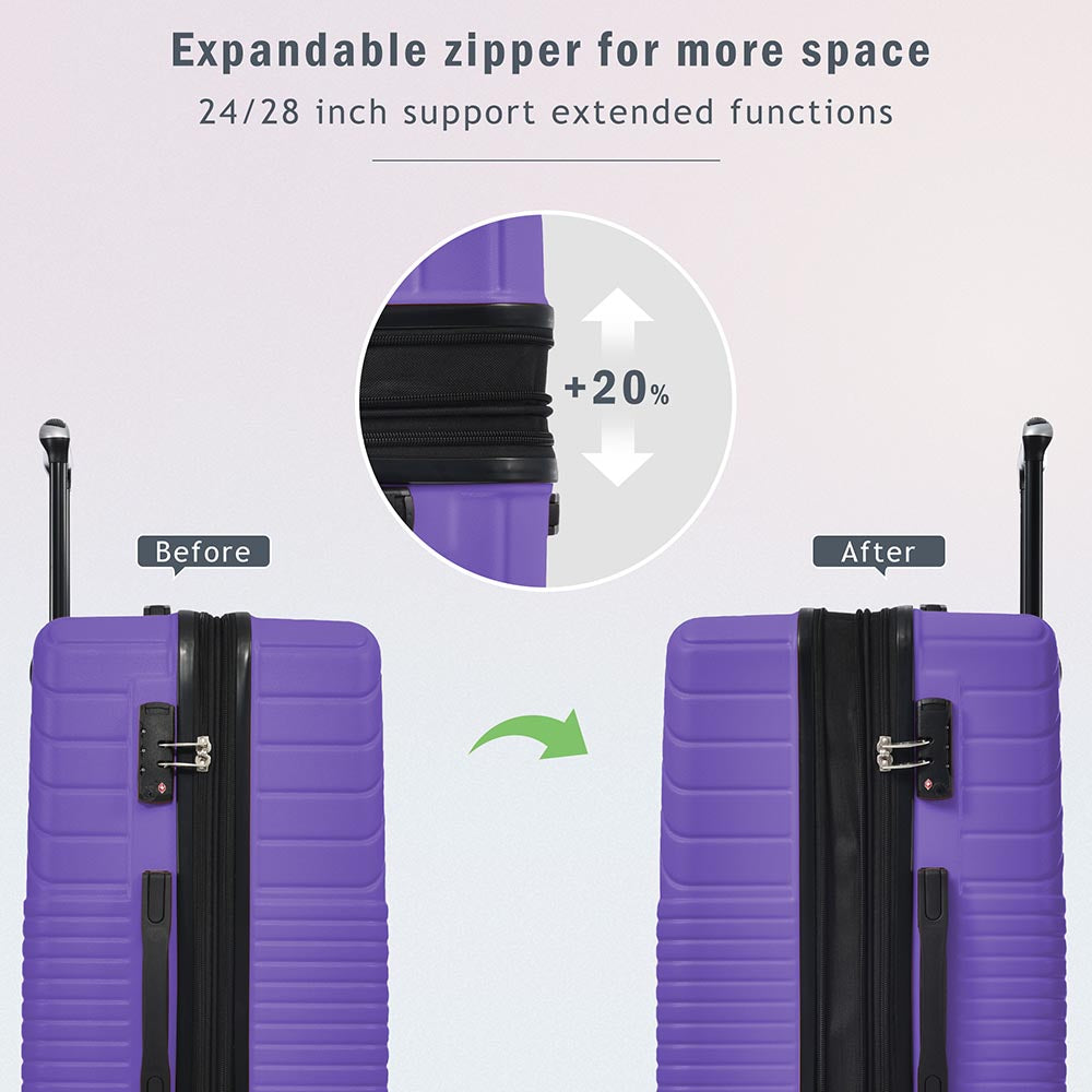 3-Piece Lightweight Hard-shell Luggage Set with Double Spinner Wheels and TSA Lock - Purple