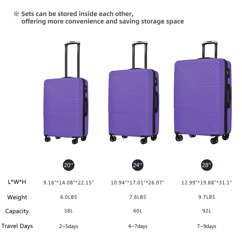 3-Piece Lightweight Hard-shell Luggage Set with Double Spinner Wheels and TSA Lock - Purple