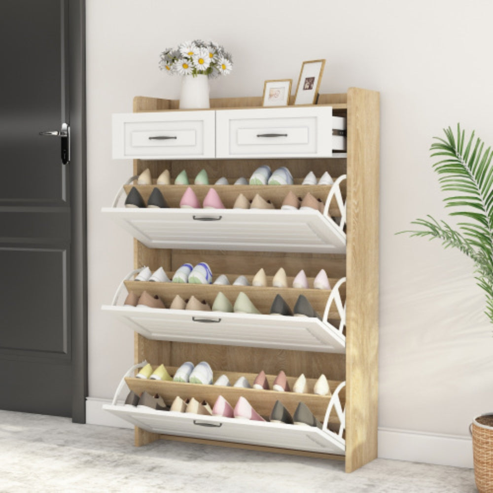 Modern 3 Door Shoe Cabinet with 2 Drawers Spacious White and Oak Design