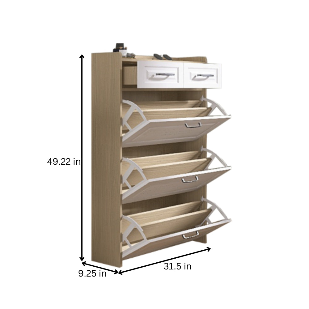 Modern 3 Door Shoe Cabinet with 2 Drawers Spacious White and Oak Design