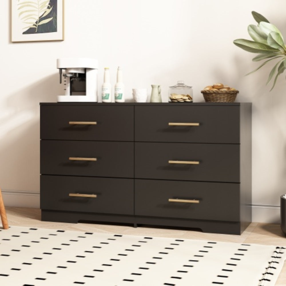 Stylish Black 6 Drawer Dresser with Gold Handles