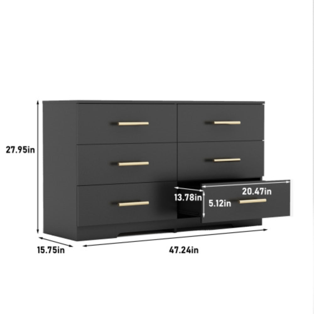 Stylish Black 6 Drawer Dresser with Gold Handles