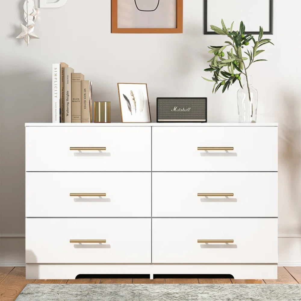 Stylish White 6 Drawer Dresser with Gold Handles
