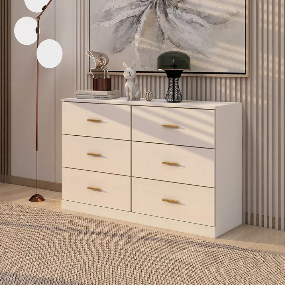 Stylish White 6 Drawer Dresser with Gold Handles