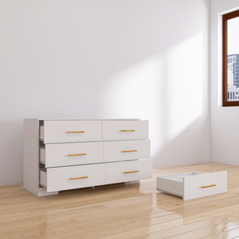 Stylish White 6 Drawer Dresser with Gold Handles