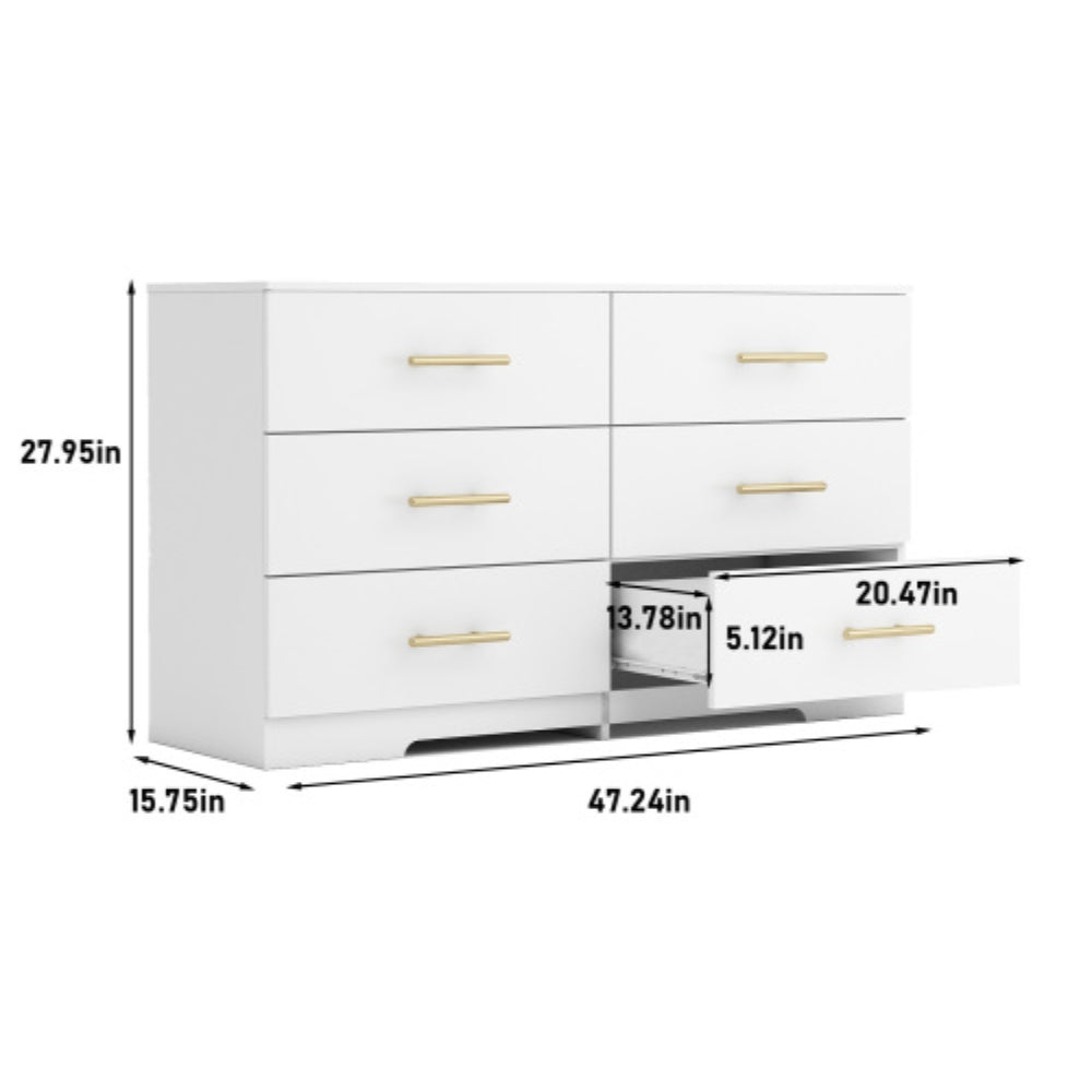 Stylish White 6 Drawer Dresser with Gold Handles