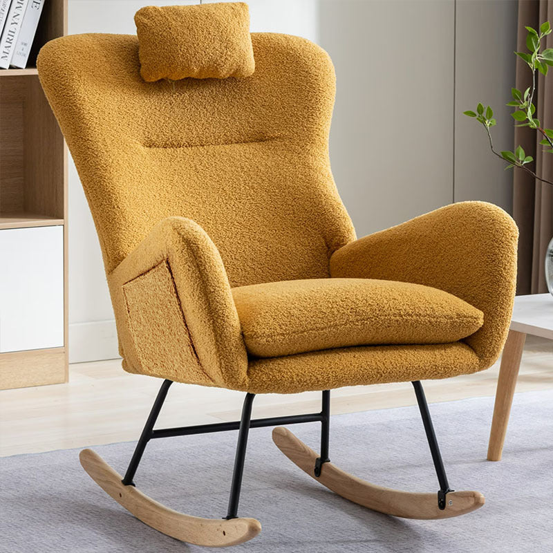 35.5 Inch Rocking Chair With Pocket, Soft Teddy Fabric Rocking Chair For Nursery, Comfy Wingback Glider Rocker With Safe Solid Wood Base For Living Room Bedroom Balcony