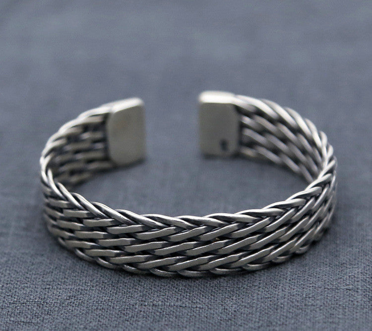 Sterling Silver Ornament Chiang Mai Handmade Silver Retro Hemp Rope Woven Thai Opening Bracelet