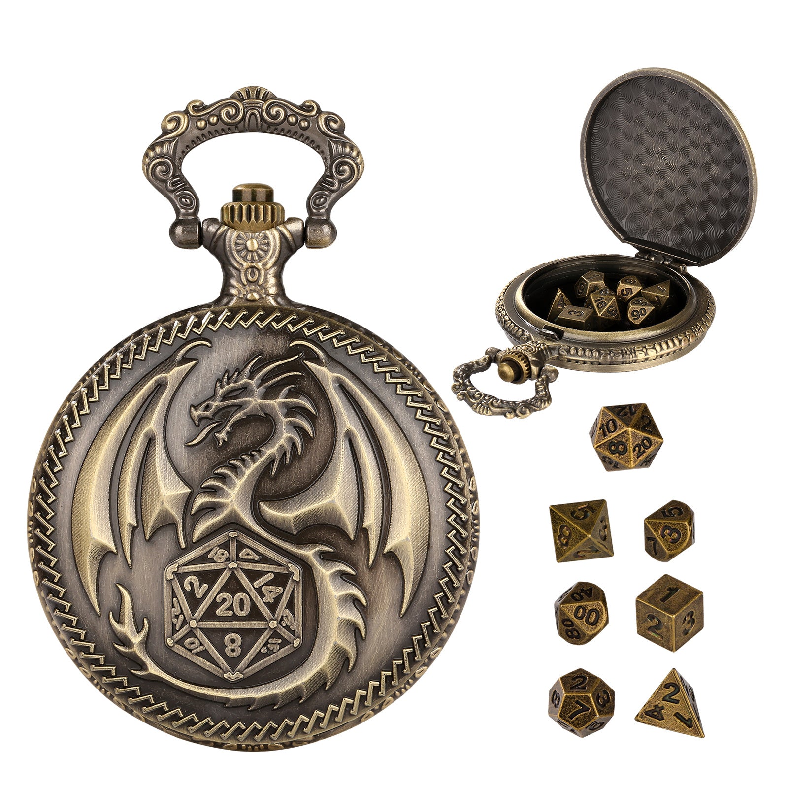 Creative Thick Chain Pocket Watch Set, Equipped With 7 Mini DND Game Polyhedral Metal Dice Tabletop Role-playing Game Dice, Enhancing RPG Gaming Experience And Providing Players With Unique Gifts