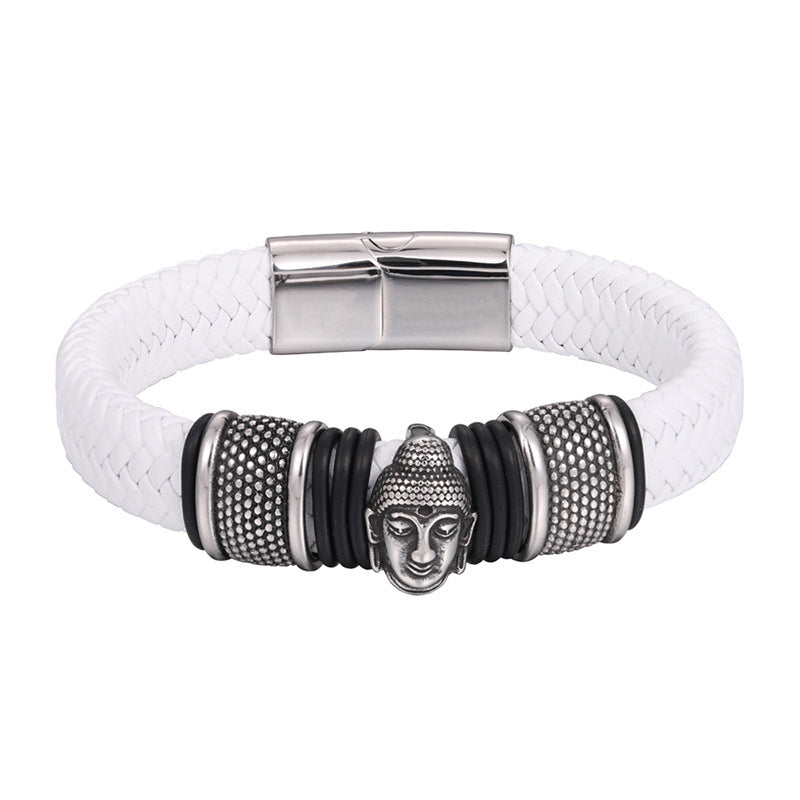 Buddha Sakyamuni Leather Stainless Steel Magnetic Clasp Black Brown Leather Strap Bracelet