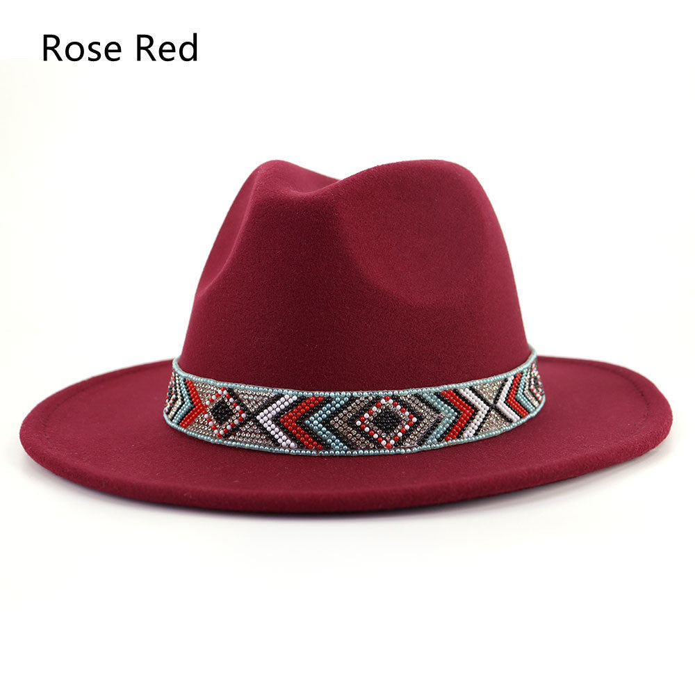 Autumn And Winter New Blue Bead Woolen Hat Fashion Panama Jazz Hat