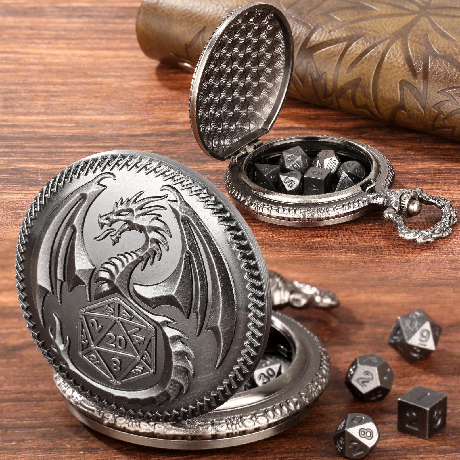 Creative Thick Chain Pocket Watch Set, Equipped With 7 Mini DND Game Polyhedral Metal Dice Tabletop Role-playing Game Dice, Enhancing RPG Gaming Experience And Providing Players With Unique Gifts