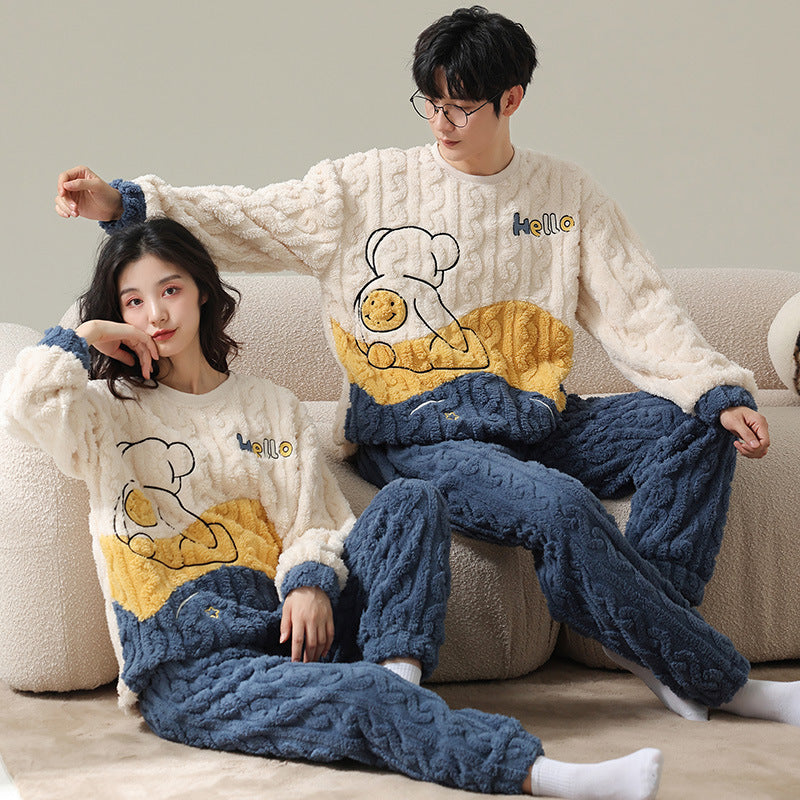 Winter Flannel Pyjamas Female Couple Thermal Cover Cute Student Men's Casual Cartoon Homewear Set Velvet