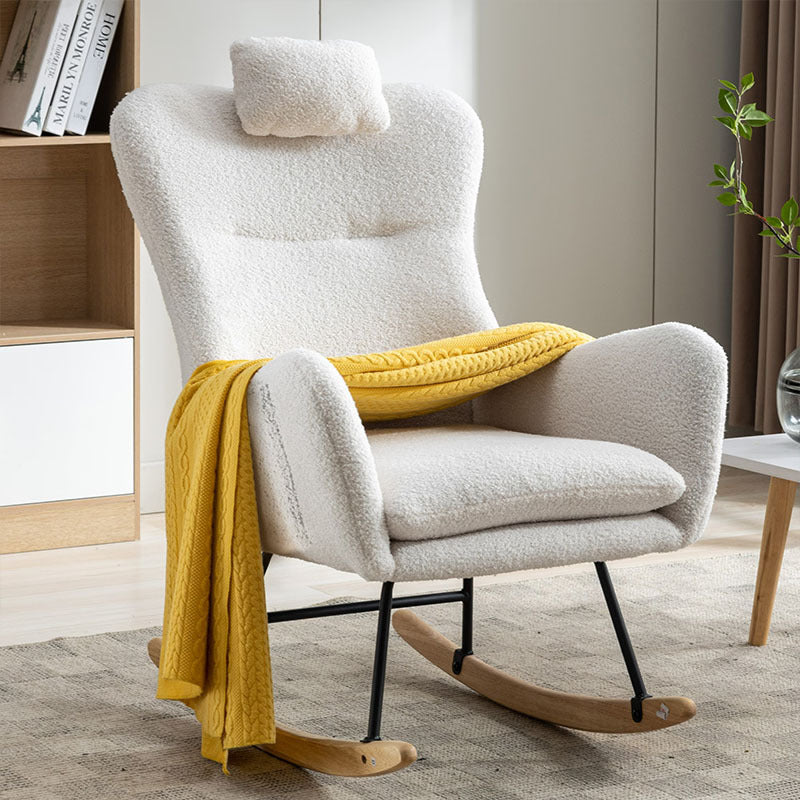 35.5 Inch Rocking Chair With Pocket, Soft Teddy Fabric Rocking Chair For Nursery, Comfy Wingback Glider Rocker With Safe Solid Wood Base For Living Room Bedroom Balcony