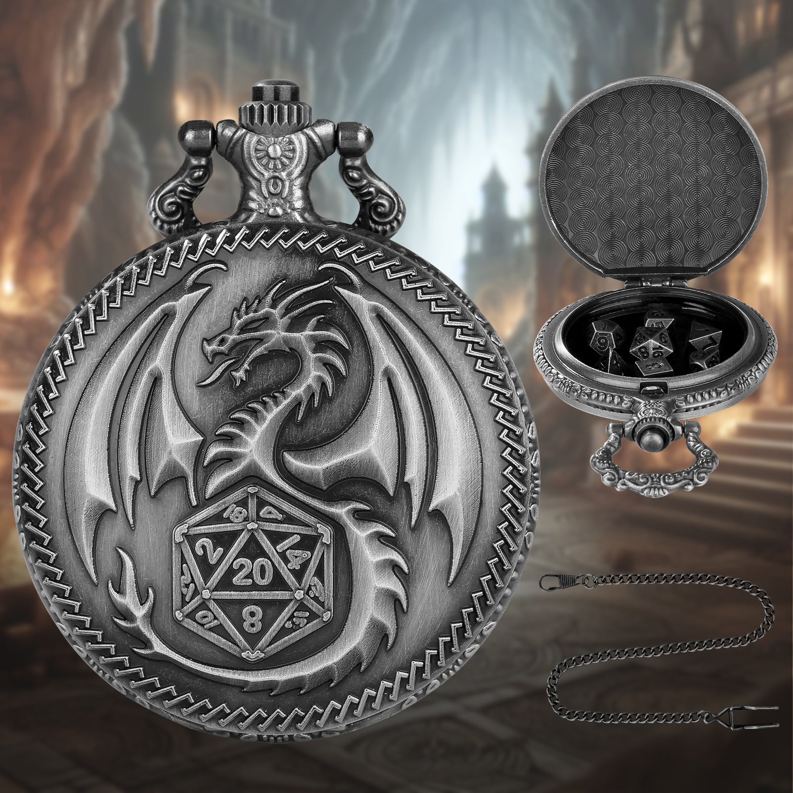 Creative Thick Chain Pocket Watch Set, Equipped With 7 Mini DND Game Polyhedral Metal Dice Tabletop Role-playing Game Dice, Enhancing RPG Gaming Experience And Providing Players With Unique Gifts
