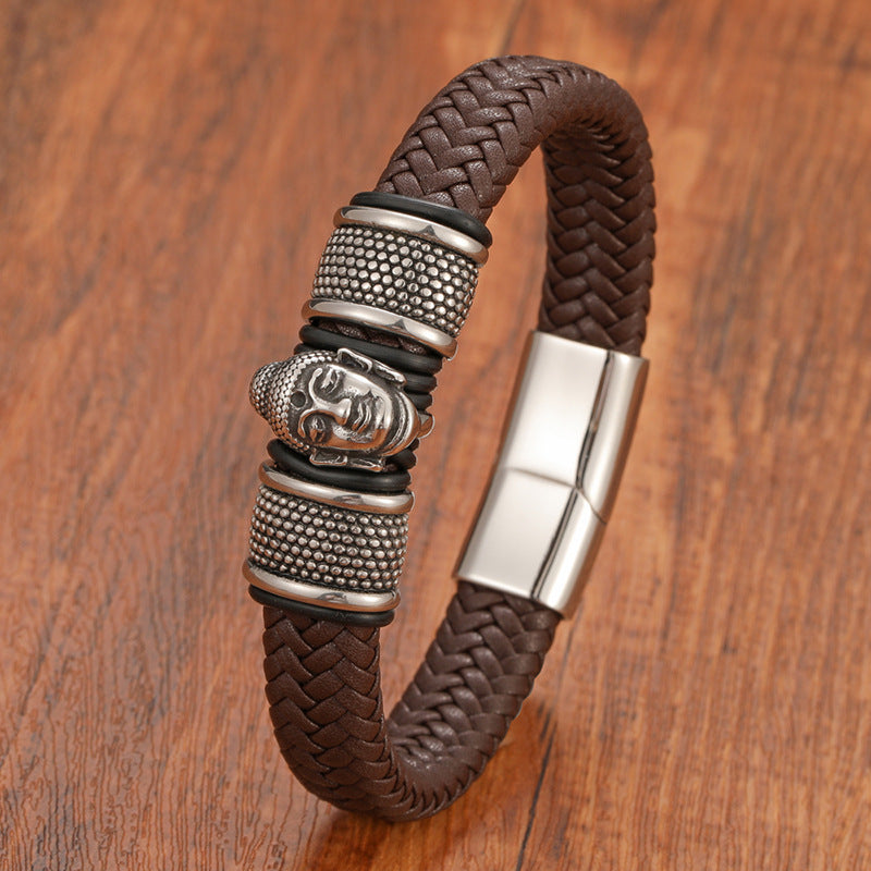 Buddha Sakyamuni Leather Stainless Steel Magnetic Clasp Black Brown Leather Strap Bracelet