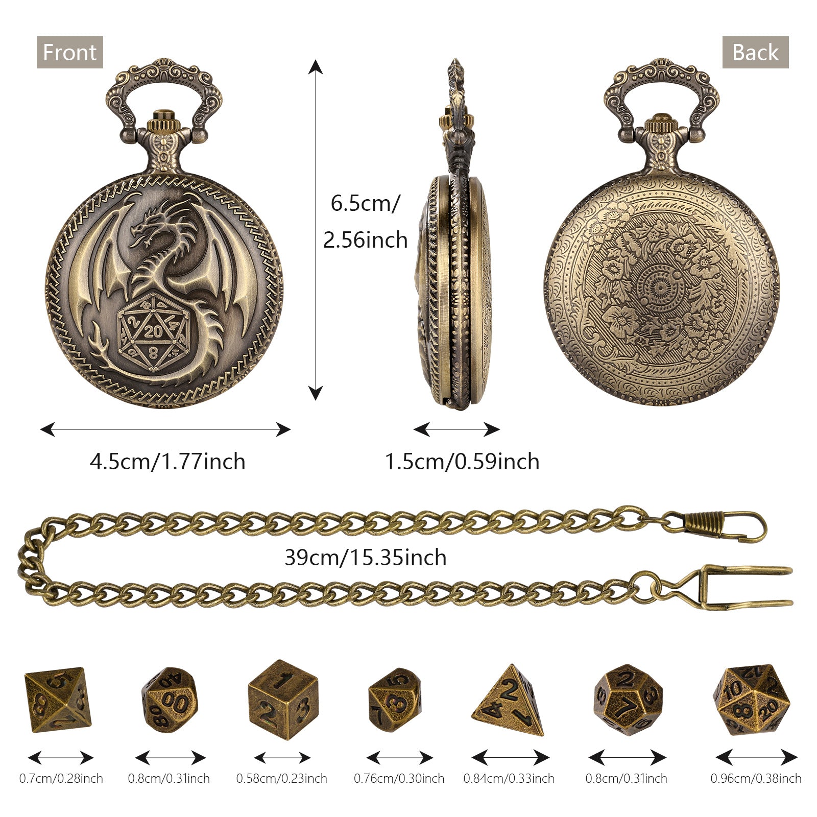 Creative Thick Chain Pocket Watch Set, Equipped With 7 Mini DND Game Polyhedral Metal Dice Tabletop Role-playing Game Dice, Enhancing RPG Gaming Experience And Providing Players With Unique Gifts