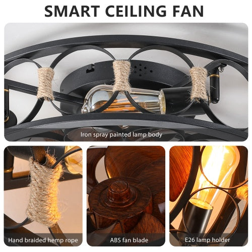 Cage Ceiling Fan With Light Remote Control, Low-profile Built-in Farmhouse Modern Ceiling Fan, 6 Speed Reversible Blades, Including 5 LED Bulbs