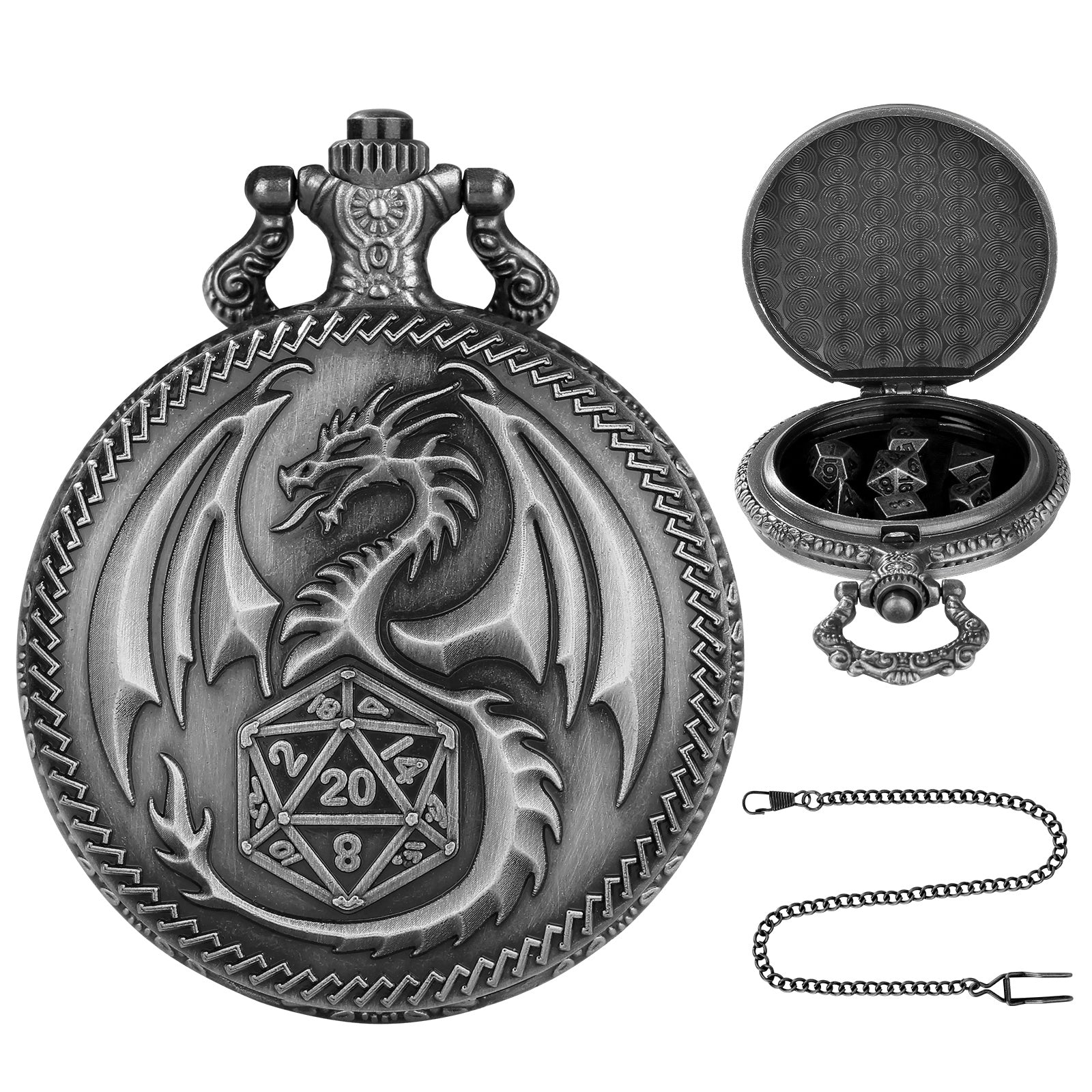 Creative Thick Chain Pocket Watch Set, Equipped With 7 Mini DND Game Polyhedral Metal Dice Tabletop Role-playing Game Dice, Enhancing RPG Gaming Experience And Providing Players With Unique Gifts