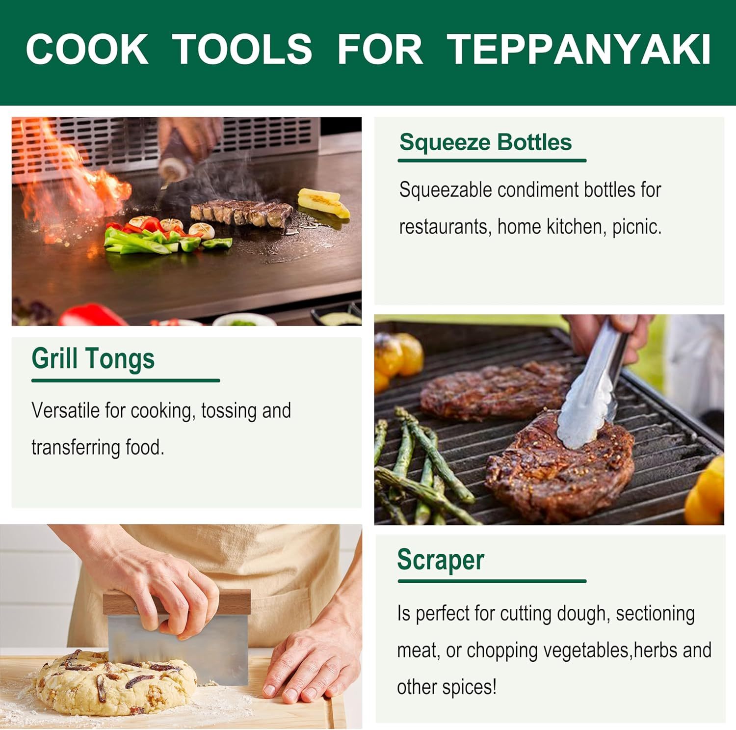 Grilljoy Griddle Accessories Set With Robust Plastic Handle, All-in-One Griddle Tools Kit For Flat Top Grills Teppanyaki Hibachi, Stainless Steel Grill Spatula Kit For Outdoor Camping Grilling