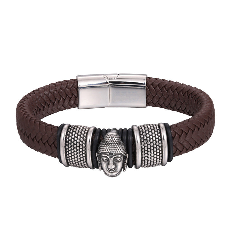 Buddha Sakyamuni Leather Stainless Steel Magnetic Clasp Black Brown Leather Strap Bracelet