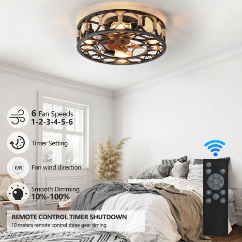 Cage Ceiling Fan With Light Remote Control, Low-profile Built-in Farmhouse Modern Ceiling Fan, 6 Speed Reversible Blades, Including 5 LED Bulbs
