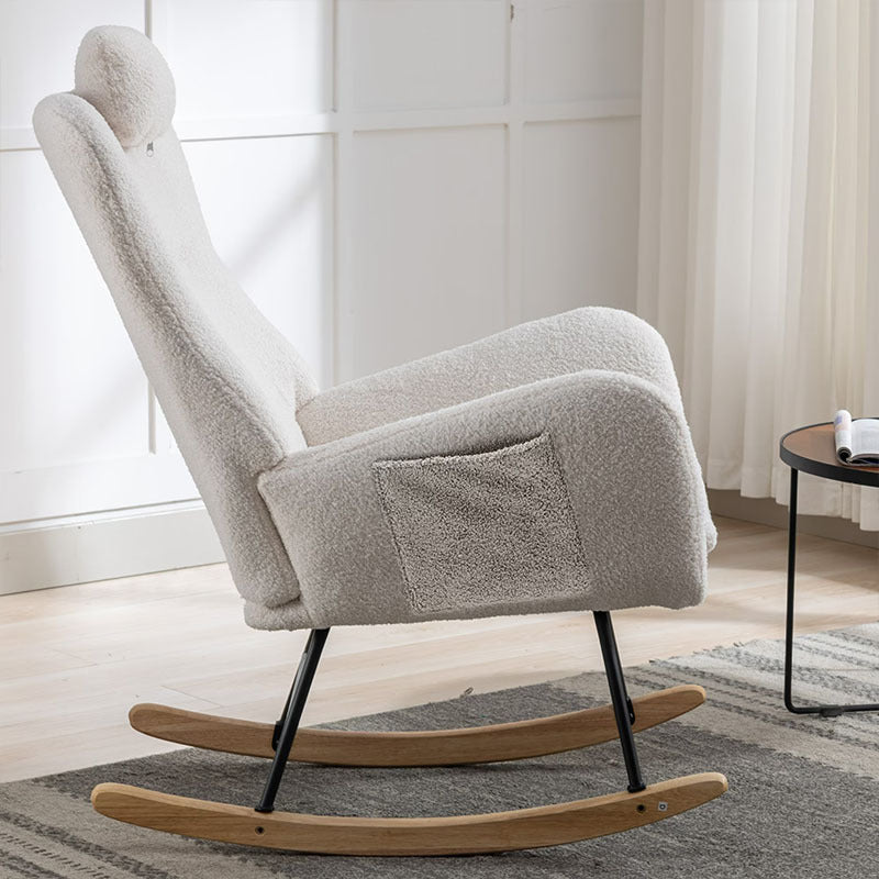 35.5 Inch Rocking Chair With Pocket, Soft Teddy Fabric Rocking Chair For Nursery, Comfy Wingback Glider Rocker With Safe Solid Wood Base For Living Room Bedroom Balcony