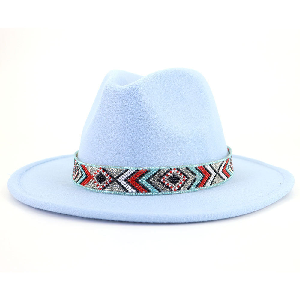 Autumn And Winter New Blue Bead Woolen Hat Fashion Panama Jazz Hat