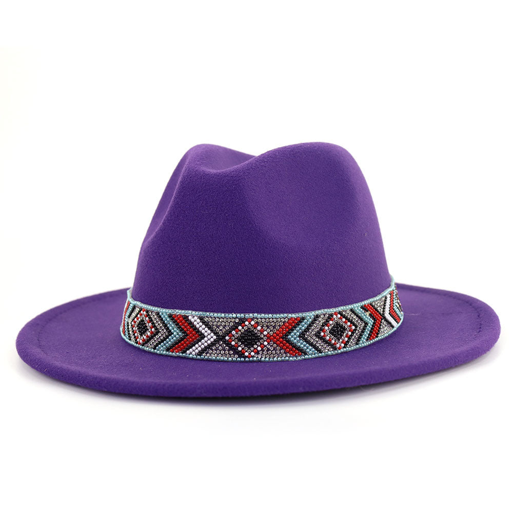 Autumn And Winter New Blue Bead Woolen Hat Fashion Panama Jazz Hat