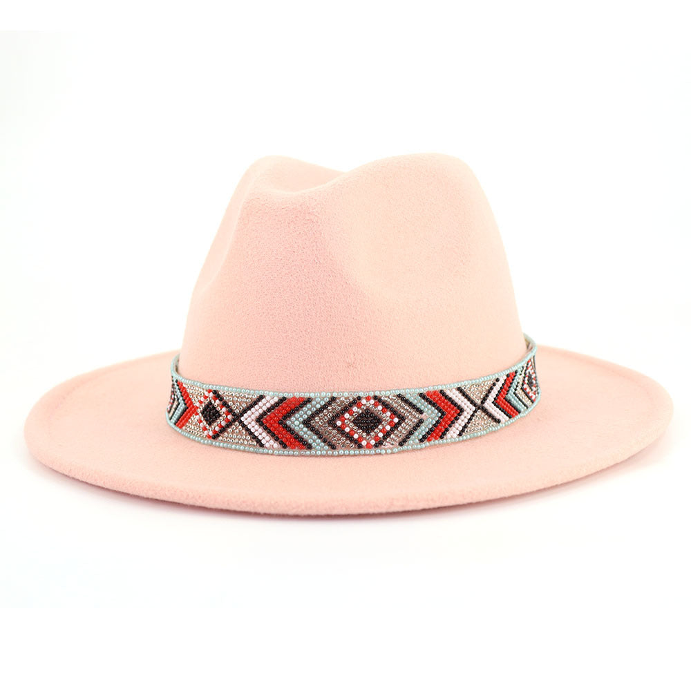 Autumn And Winter New Blue Bead Woolen Hat Fashion Panama Jazz Hat