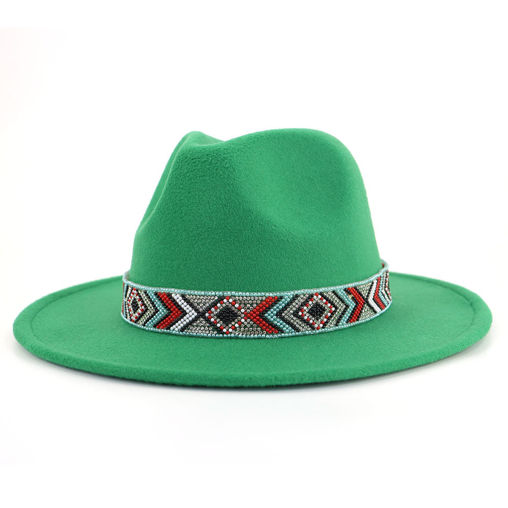 Autumn And Winter New Blue Bead Woolen Hat Fashion Panama Jazz Hat