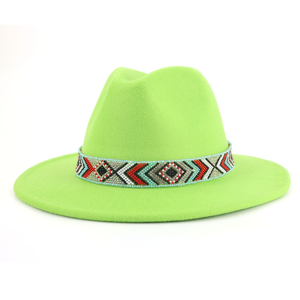 Autumn And Winter New Blue Bead Woolen Hat Fashion Panama Jazz Hat