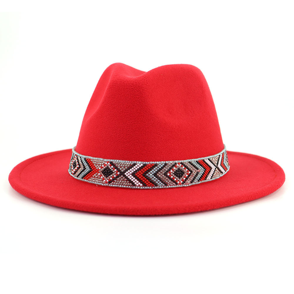 Autumn And Winter New Blue Bead Woolen Hat Fashion Panama Jazz Hat