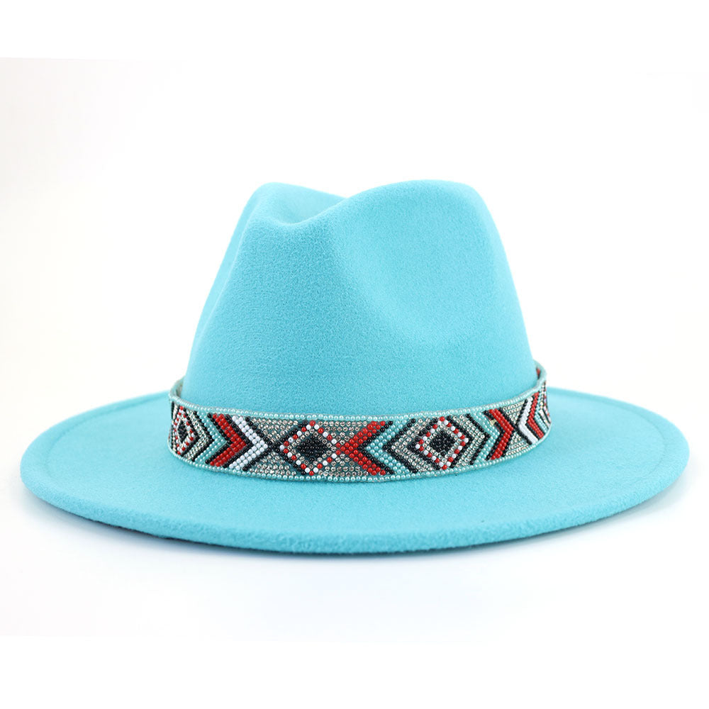 Autumn And Winter New Blue Bead Woolen Hat Fashion Panama Jazz Hat