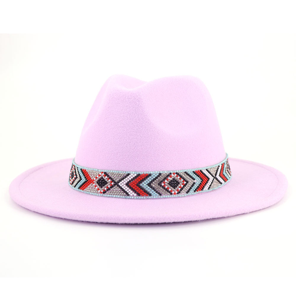 Autumn And Winter New Blue Bead Woolen Hat Fashion Panama Jazz Hat