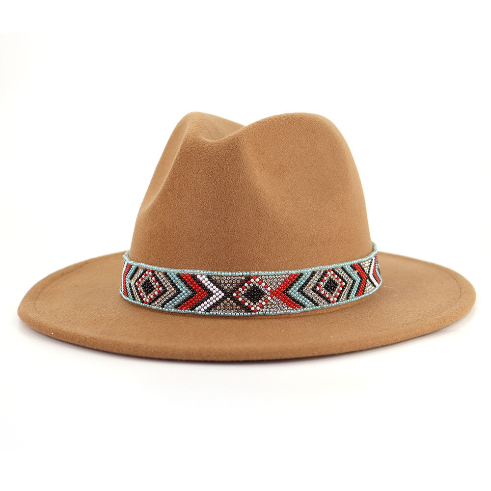 Autumn And Winter New Blue Bead Woolen Hat Fashion Panama Jazz Hat