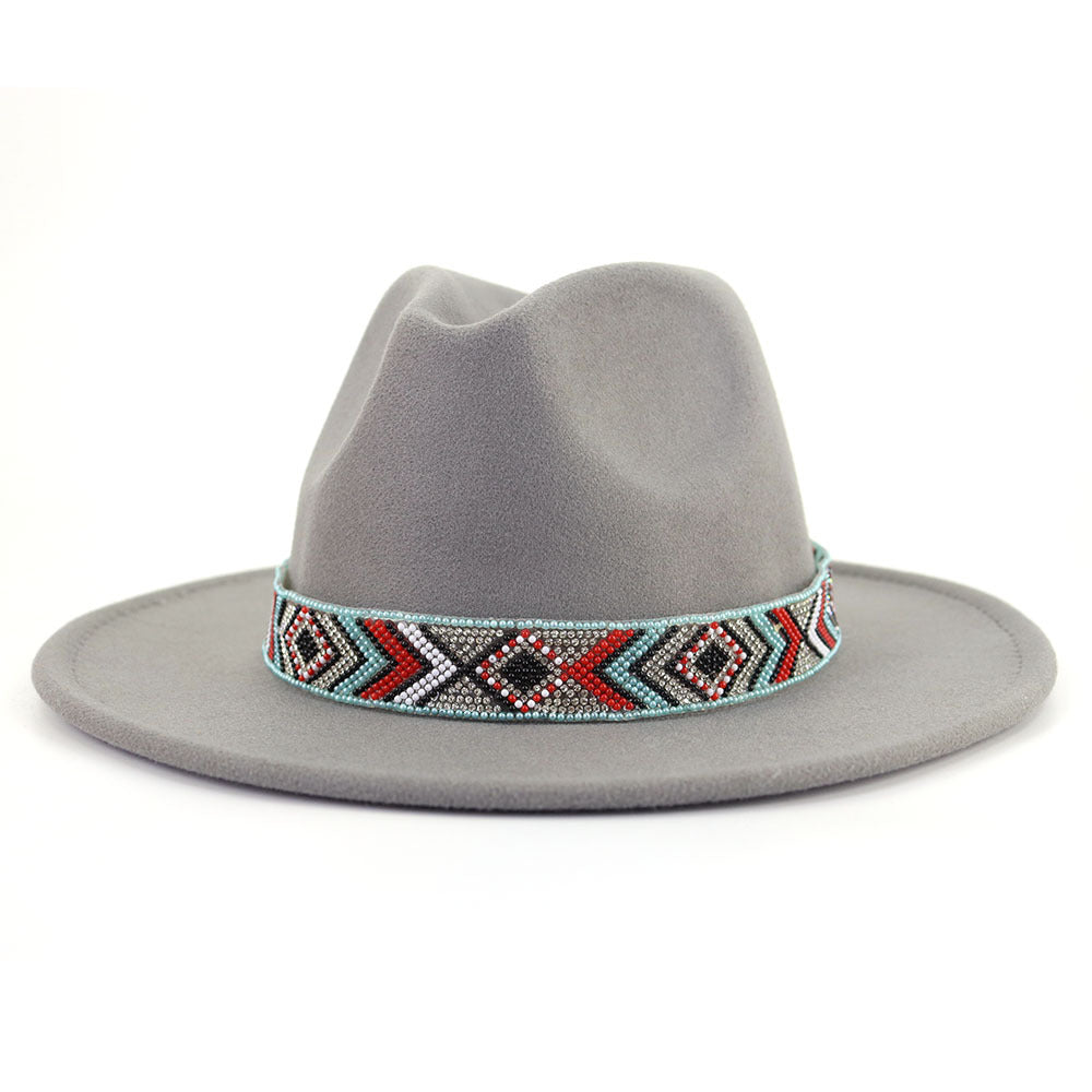 Autumn And Winter New Blue Bead Woolen Hat Fashion Panama Jazz Hat